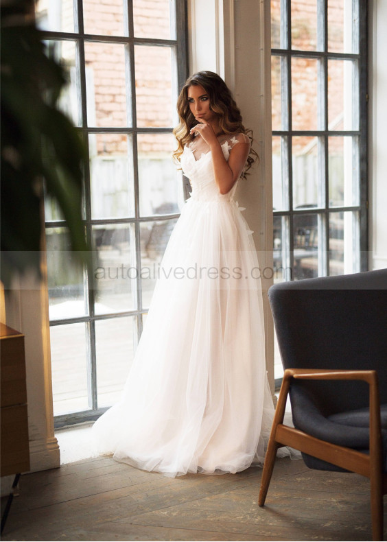 Cap Sleeve Ivory Tulle Butterfly Keyhole Back Wedding Dress